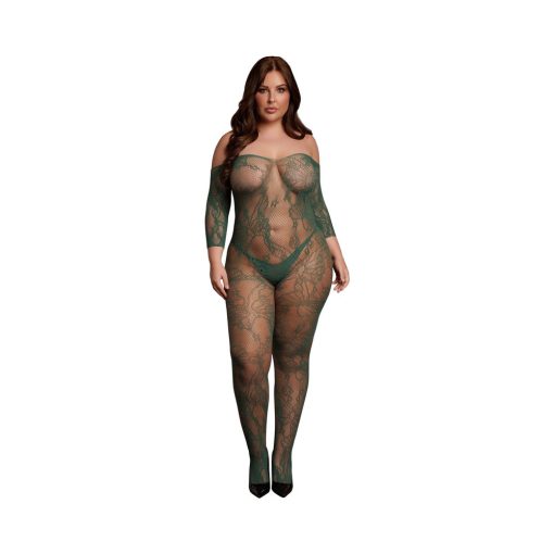 Le Desir Lace Long-Sleeved Bodystocking Midnight Green Queen Size - Image 2