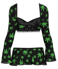 Magic Silk Hazy Dayz Crop Top, Skirt & G-String Set Pot Leaf L/Xl