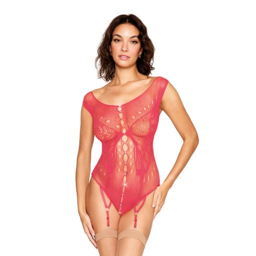 Dreamgirl Butterfly Fishnet Teddy With Garter Straps Watermelon O/S