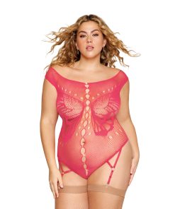 Dreamgirl Butterfly Fishnet Teddy With Garter Straps Watermelon Queen Size