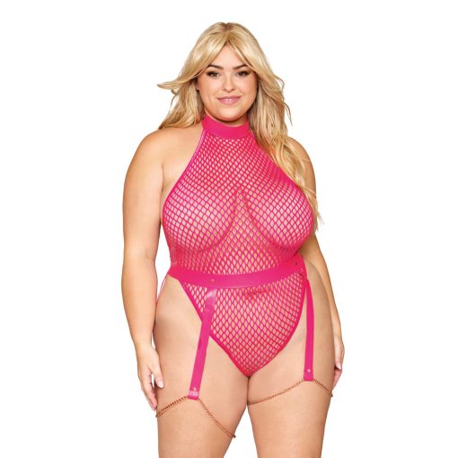 Dreamgirl Fishnet Teddy With Pleather And Chain Garter Belt Peony Queen Size