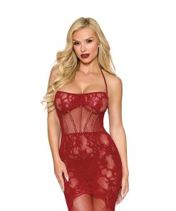 Dreamgirl Lace Bodystocking Gown With Bustier Detail Oxblood O/S