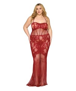 Dreamgirl Lace Bodystocking Gown With Bustier Detail Oxblood Queen Size
