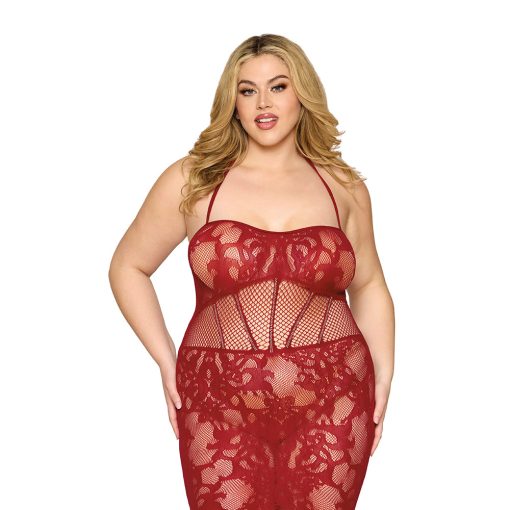 Dreamgirl Lace Bodystocking Gown With Bustier Detail Oxblood Queen Size - Image 2