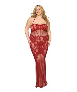 Dreamgirl Lace Bodystocking Gown With Bustier Detail Oxblood Queen Size
