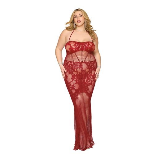 Dreamgirl Lace Bodystocking Gown With Bustier Detail Oxblood Queen Size - Image 3