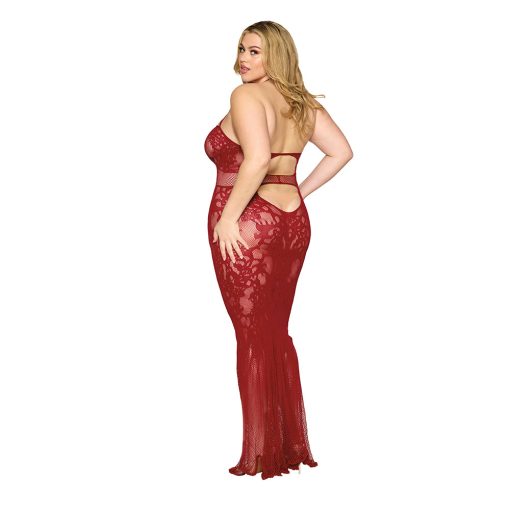 Dreamgirl Lace Bodystocking Gown With Bustier Detail Oxblood Queen Size - Image 4