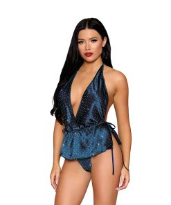 Dreamgirl Satin Plunge Teddy With Sparkle Detail Twilight M