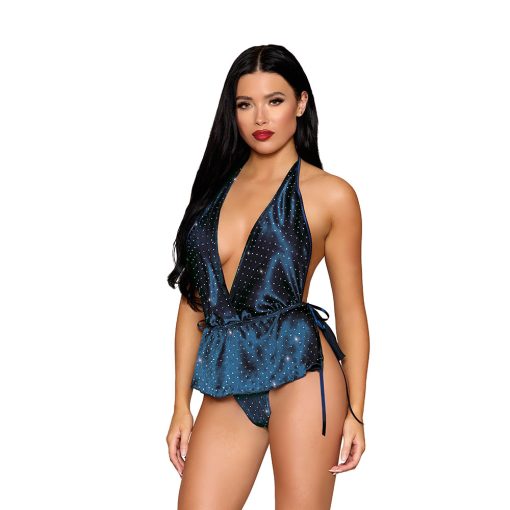 Dreamgirl Satin Plunge Teddy With Sparkle Detail Twilight L