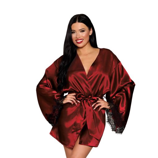 Dreamgirl Open Back Satin Robe With Lace Detail Oxblood M