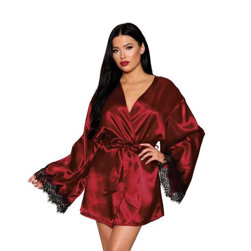 Dreamgirl Open Back Satin Robe With Lace Detail Oxblood M - Image 2