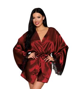 Dreamgirl Open Back Satin Robe With Lace Detail Oxblood L