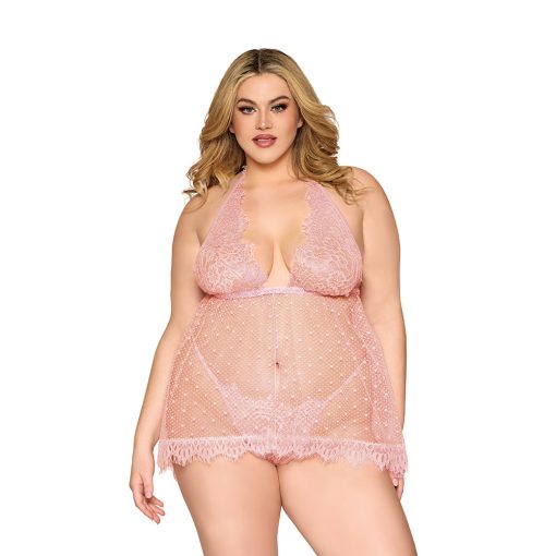 Dreamgirl Lace And Polka Dot Mesh Babydoll And G-String Rose Quartz 1Xl