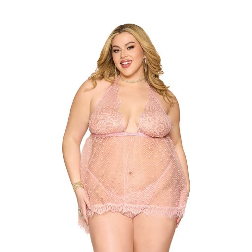 Dreamgirl Lace And Polka Dot Mesh Babydoll And G-String Rose Quartz 1Xl - Image 2