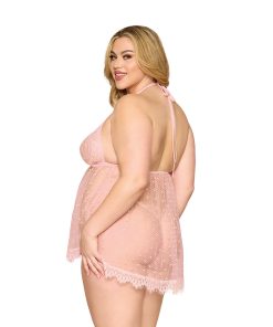 Dreamgirl Lace And Polka Dot Mesh Babydoll And G-String Rose Quartz 1Xl