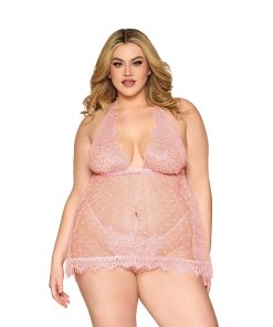 Dreamgirl Lace And Polka Dot Mesh Babydoll And G-String Rose Quartz 2Xl