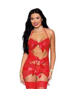 Dreamgirl Garter Slip With Bow Detail And G-String Red O/S