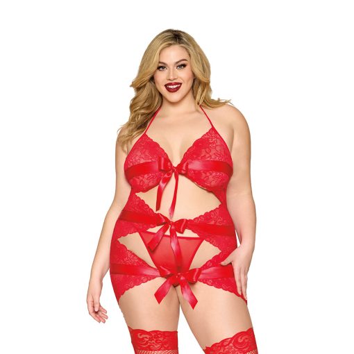 Dreamgirl Garter Slip With Bow Detail And G-String Red Queen Size - Image 2