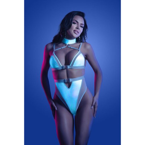 Fantasy Lingerie Glow Prismatic Iridescent Glow-In-The-Dark Cut-Out Harness Bodysuit L/Xl - Image 2