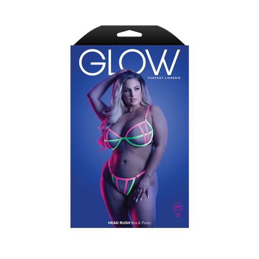 Fantasy Lingerie Glow Head Rush Uv Reactive Contrast Binding Bra & Adjustable G-String Queen Size