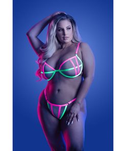 Fantasy Lingerie Glow Head Rush Uv Reactive Contrast Binding Bra & Adjustable G-String Queen Size