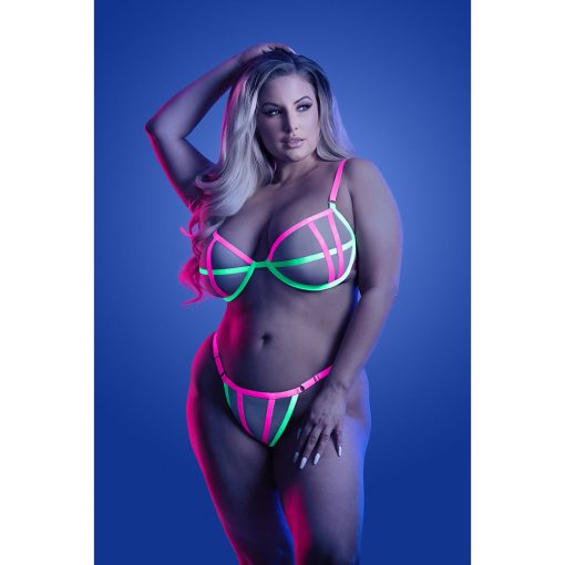 Fantasy Lingerie Glow Head Rush Uv Reactive Contrast Binding Bra & Adjustable G-String Queen Size - Image 2