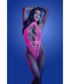 Fantasy Lingerie Glow Knockout Uv Reactive Adjustable Halter G-String Teddy With Hook Closure M/L