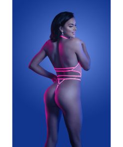 Fantasy Lingerie Glow Knockout Uv Reactive Adjustable Halter G-String Teddy With Hook Closure M/L