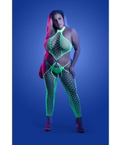 Fantasy Lingerie Glow High Voltage Uv Reactive High Neck Bodystocking & G-String Panty Queen Size