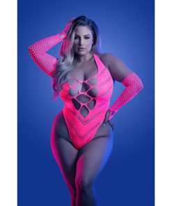 Fantasy Lingerie Glow Flashback Uv Reactive Rhinestone Fishnet Teddy & Gloves/Warmers Queen Size
