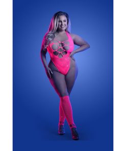 Fantasy Lingerie Glow Flashback Uv Reactive Rhinestone Fishnet Teddy & Gloves/Warmers Queen Size