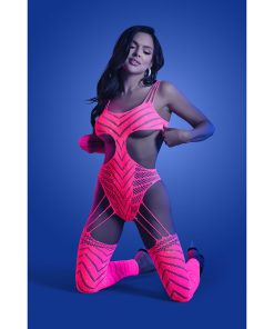 Fantasy Lingerie Glow Wavelength Uv Reactive Rhinestone Fishnet Cut-Out Teddy Bodystocking O/S