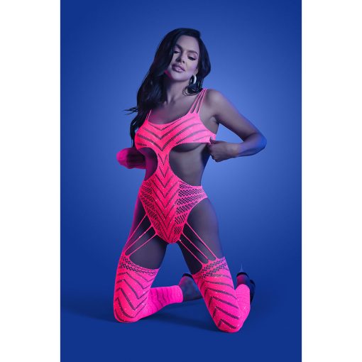 Fantasy Lingerie Glow Wavelength Uv Reactive Rhinestone Fishnet Cut-Out Teddy Bodystocking O/S - Image 2