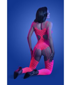 Fantasy Lingerie Glow Wavelength Uv Reactive Rhinestone Fishnet Cut-Out Teddy Bodystocking O/S