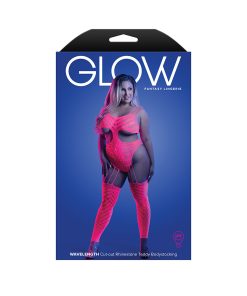 Fantasy Lingerie Glow Wavelength Uv Reactive Rhinestone Fishnet Cut-Out Teddy Bodystocking Queen Size