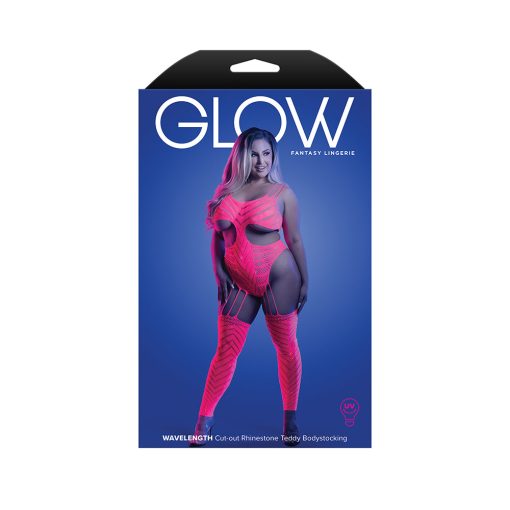 Fantasy Lingerie Glow Wavelength Uv Reactive Rhinestone Fishnet Cut-Out Teddy Bodystocking Queen Size