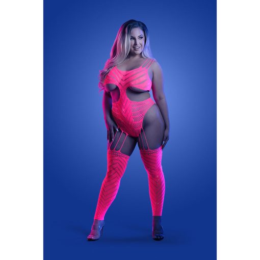 Fantasy Lingerie Glow Wavelength Uv Reactive Rhinestone Fishnet Cut-Out Teddy Bodystocking Queen Size - Image 2
