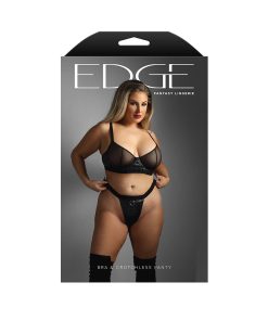 Fantasy Lingerie Edge Quilted Wetlook/Mesh Underwire Bra & Crotchless Panty Queen Size