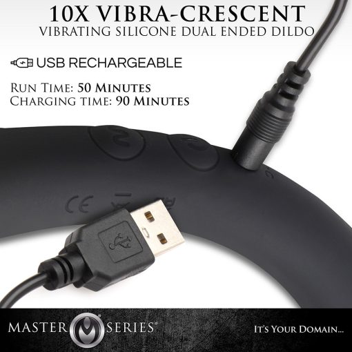 Master Series 10X Vibra-Crescent Vibrating Silicone Dual Ended Dildo Black - Image 9