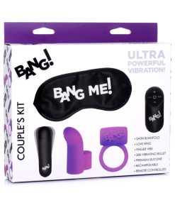 Bang! Purple Couples Vibrating Ring Kit with Bullet, Finger Vibe & Blindfold