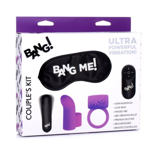 Bang! Purple Couples Vibrating Ring Kit with Bullet, Finger Vibe & Blindfold