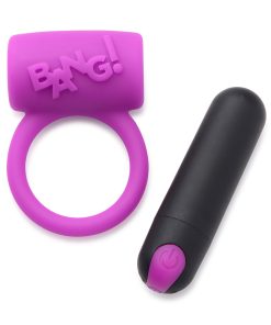 Bang! Purple Couples Vibrating Ring Kit with Bullet, Finger Vibe & Blindfold