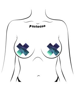 Pastease Plus X Liquid Black Opal Iridescent Cross Nipple Pasties
