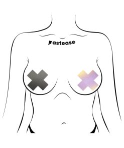 Pastease Plus X Reflective Gun Metal Grey Cross Nipple Pasties