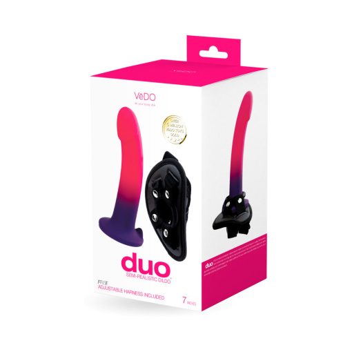 Vedo Duo Silicone Dildo (Non-Vibrating) With Harness Pink/Purple