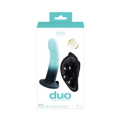 Vedo Duo Silicone Dildo (Non-Vibrating) With Harness Turquoise/Black - Image 5