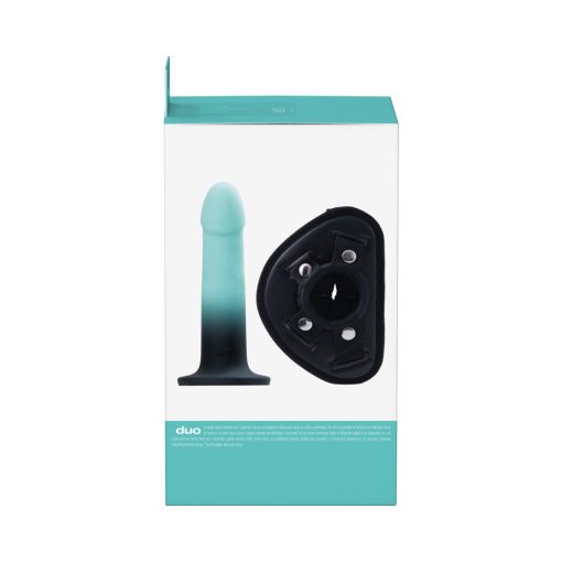 Vedo Duo Silicone Dildo (Non-Vibrating) With Harness Turquoise/Black - Image 6