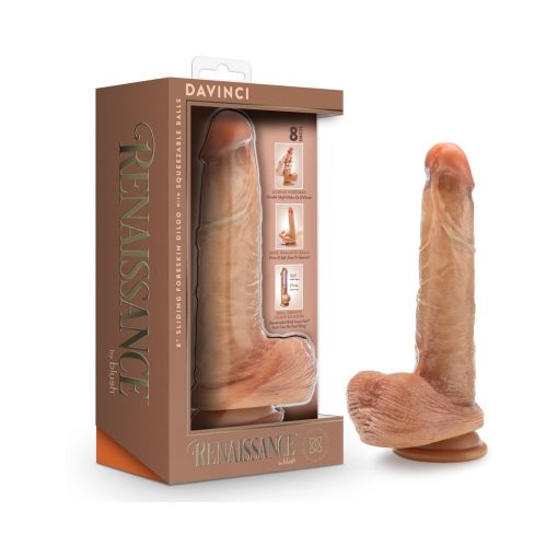 Renaissance Davinci Sliding Foreskin Dildo With Squeezable Balls 8 In. Tan