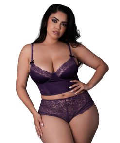 Magic Silk Leather & Lace Balconette Bustier & Cheeky Short Plum Queen Size