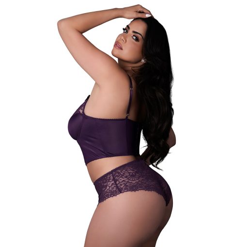 Magic Silk Leather & Lace Balconette Bustier & Cheeky Short Plum Queen Size - Image 2